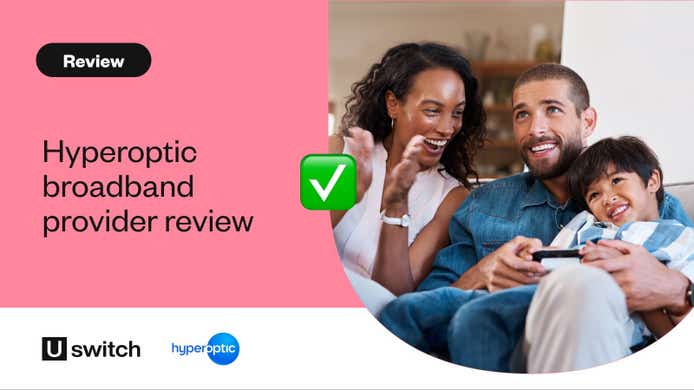 hyperoptic logo with a light blue background and Uswitch 4.5 star rating