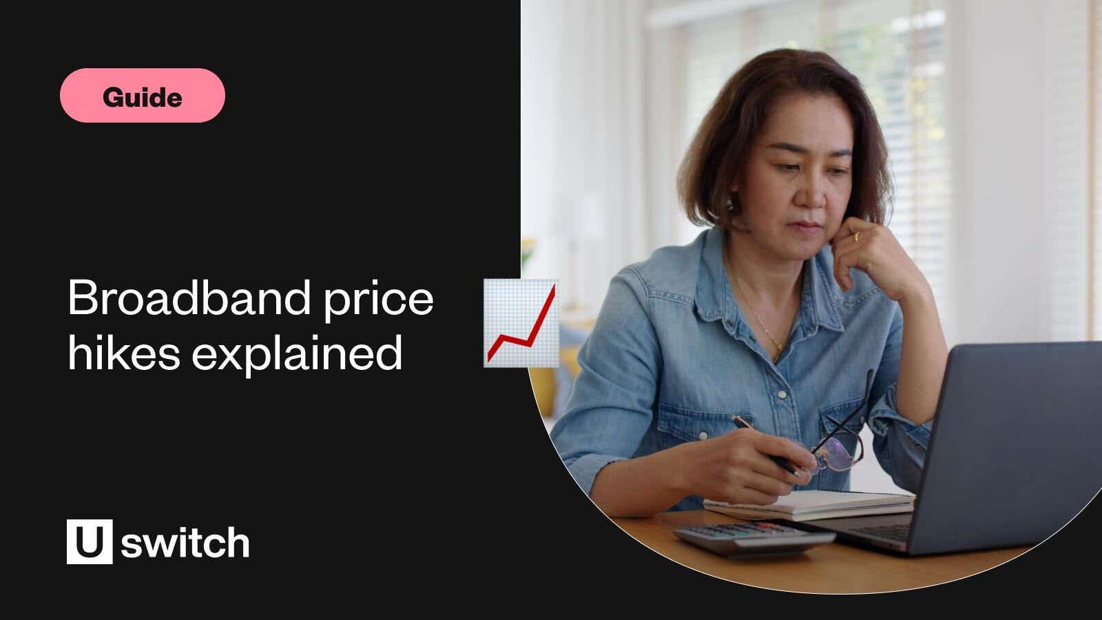 woman smiling while using her laptop at home next to a Uswitch editorial image graphic saying 'how to switch broadband'