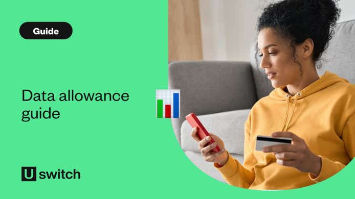 Mobile data allowance guide - woman at home using her mobile phone shopping onlie