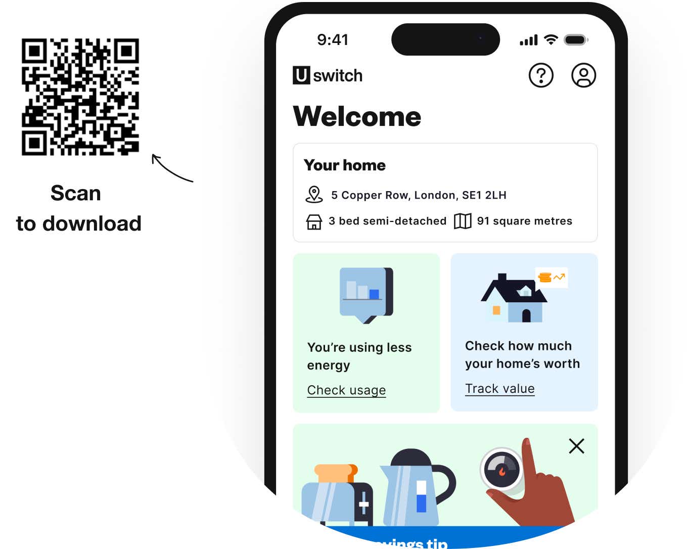 Uswitch energy app screen with QR code